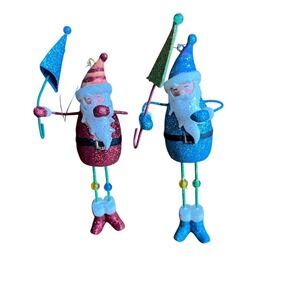 Lot of 2 Dept 56 Glitter‎ Santa Ornaments Retro Beaded Legs Christmas Holiday